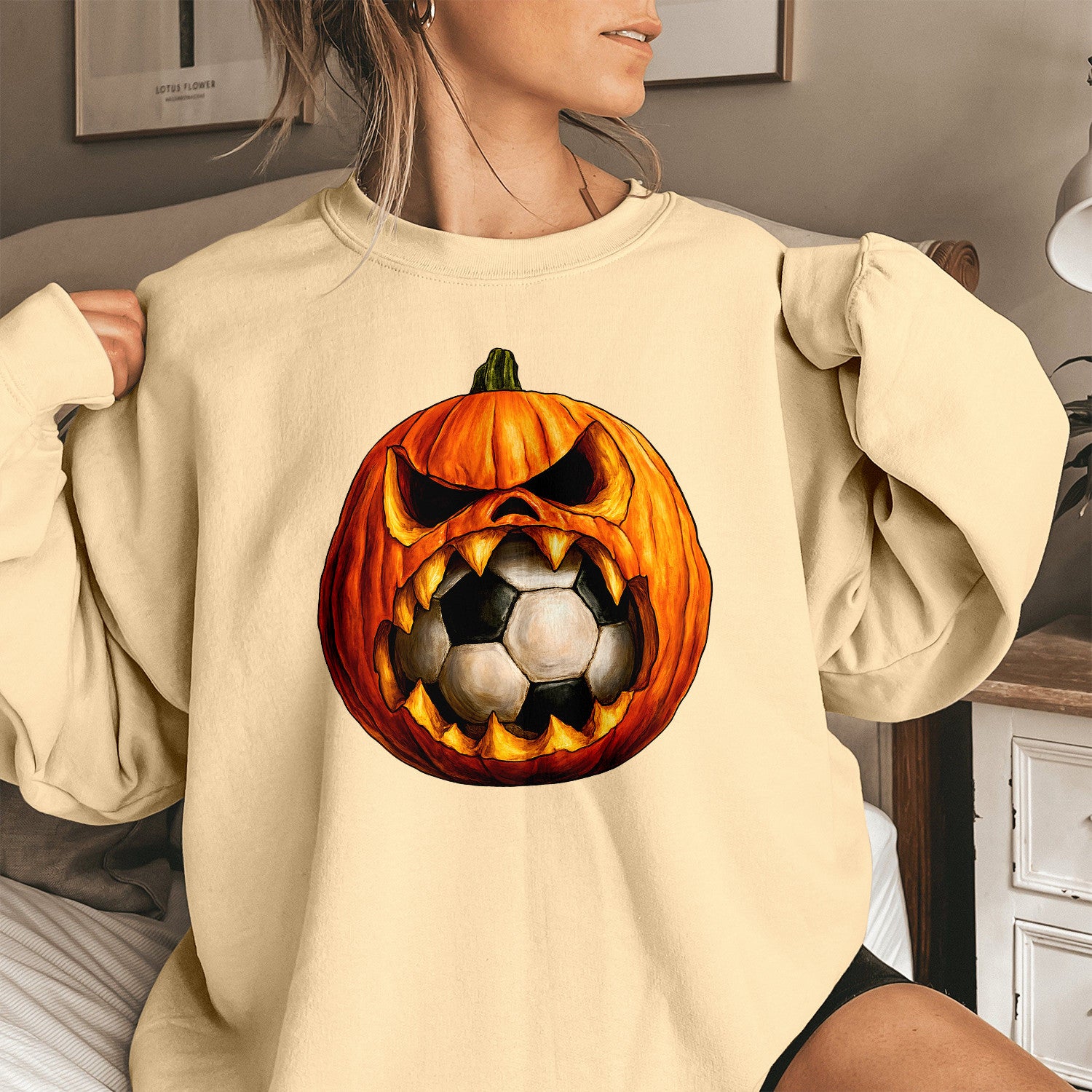 Bikergod Soccer Pumpkin Sweatshirt 2D Sizes S - 5XL Halloween Autumn Fall Shirt, Gift For Soccer Player, Funny Thanksgiving Crewneck TLDH108