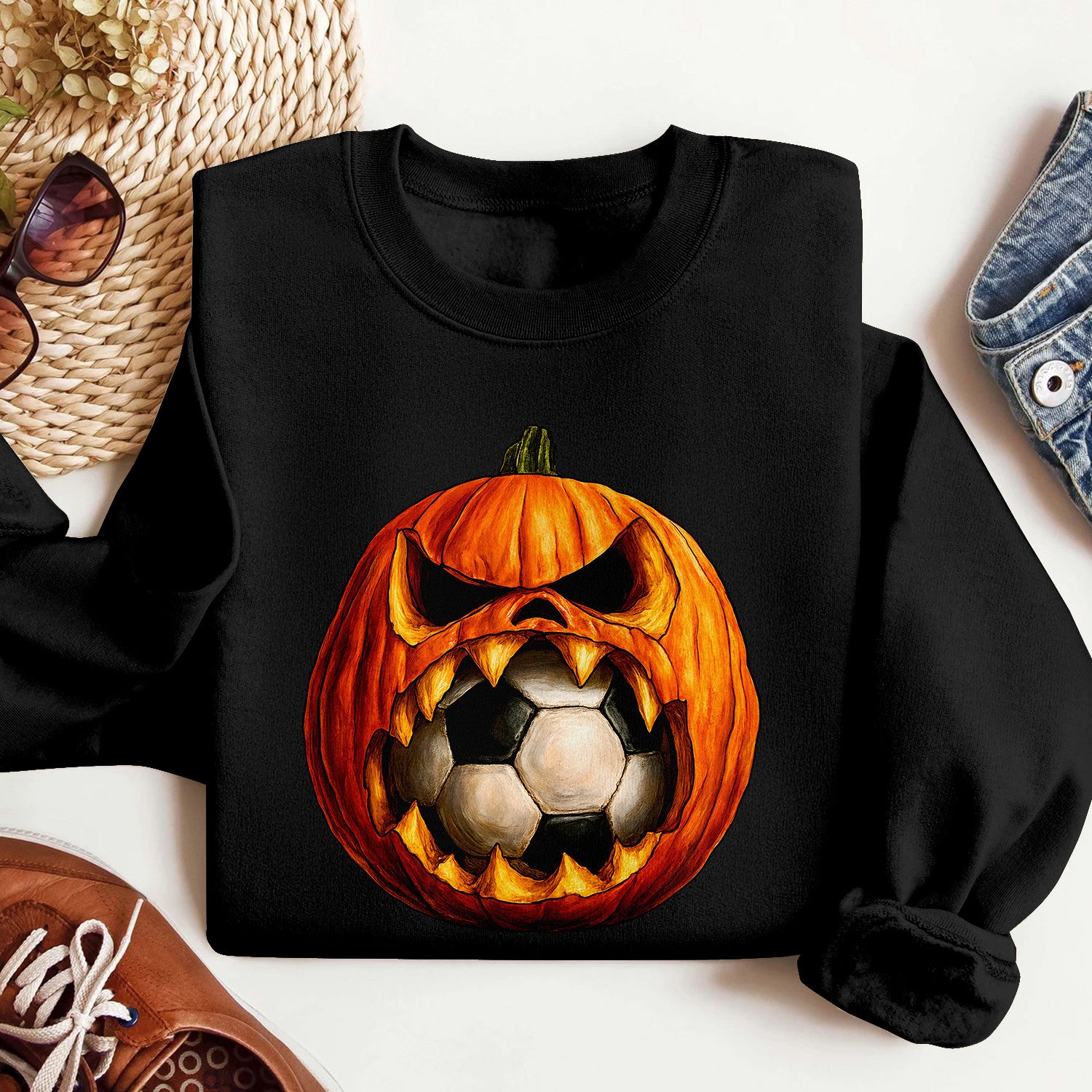 Bikergod Soccer Pumpkin Sweatshirt 2D Sizes S - 5XL Halloween Autumn Fall Shirt, Gift For Soccer Player, Funny Thanksgiving Crewneck TLDH108
