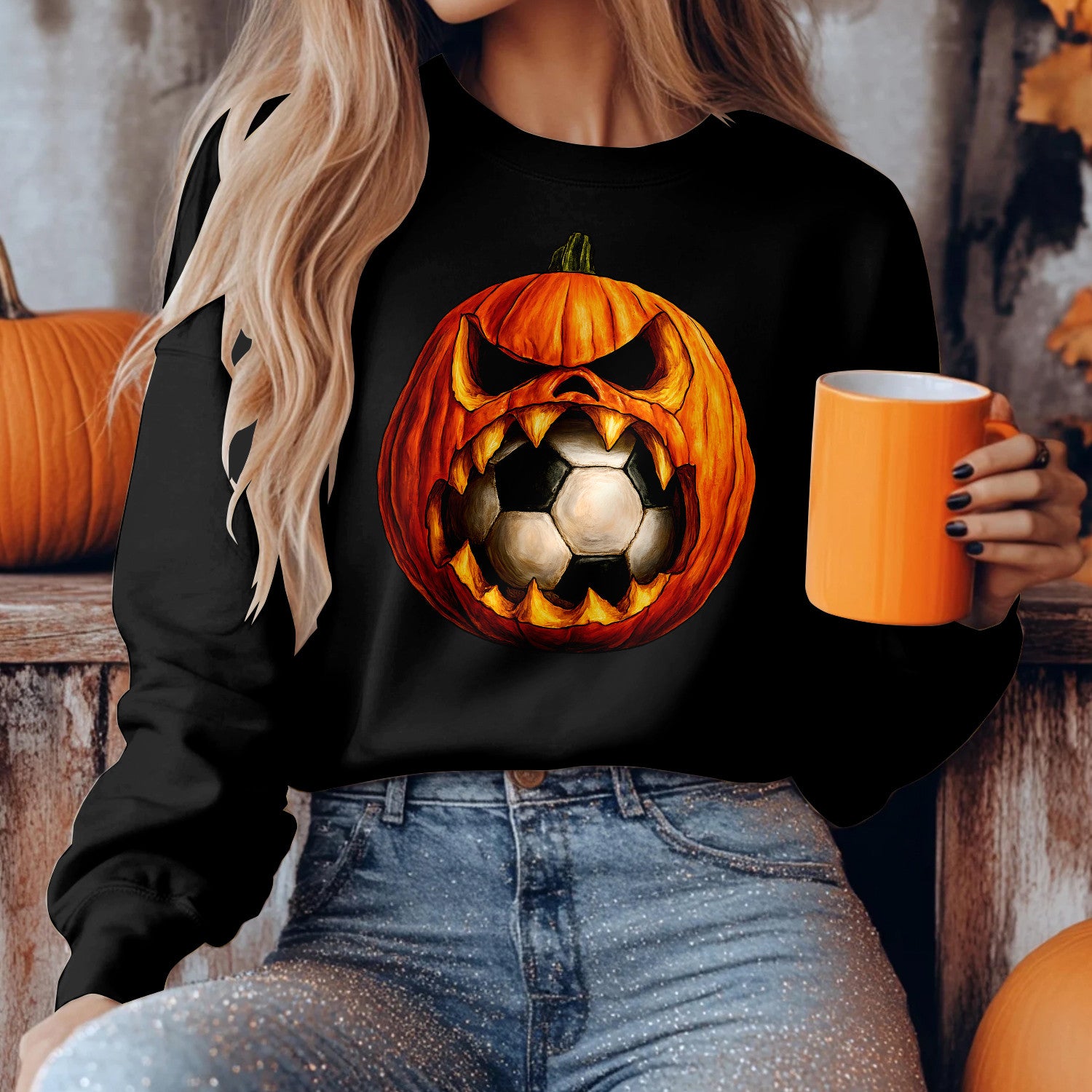 Bikergod Soccer Pumpkin Sweatshirt 2D Sizes S - 5XL Halloween Autumn Fall Shirt, Gift For Soccer Player, Funny Thanksgiving Crewneck TLDH108