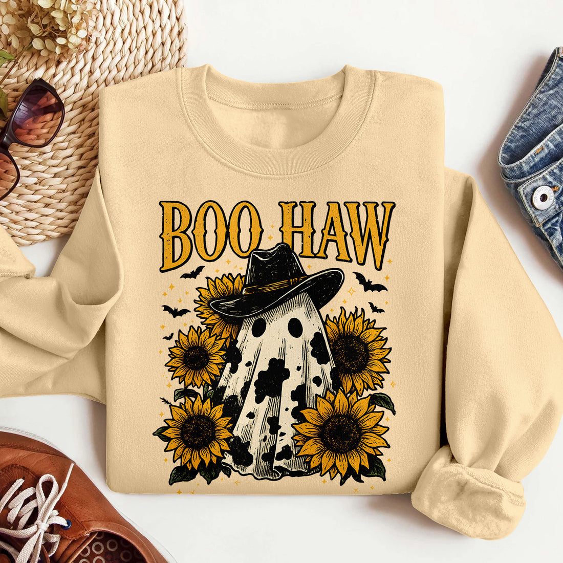 Bikergod Boo Haw Pumpkin Sweatshirt 2D Sizes S - 5XL Halloween Autumn Fall Shirt, Gift For Cowboy Cowgirl, Funny Thanksgiving Crewneck TLDH110
