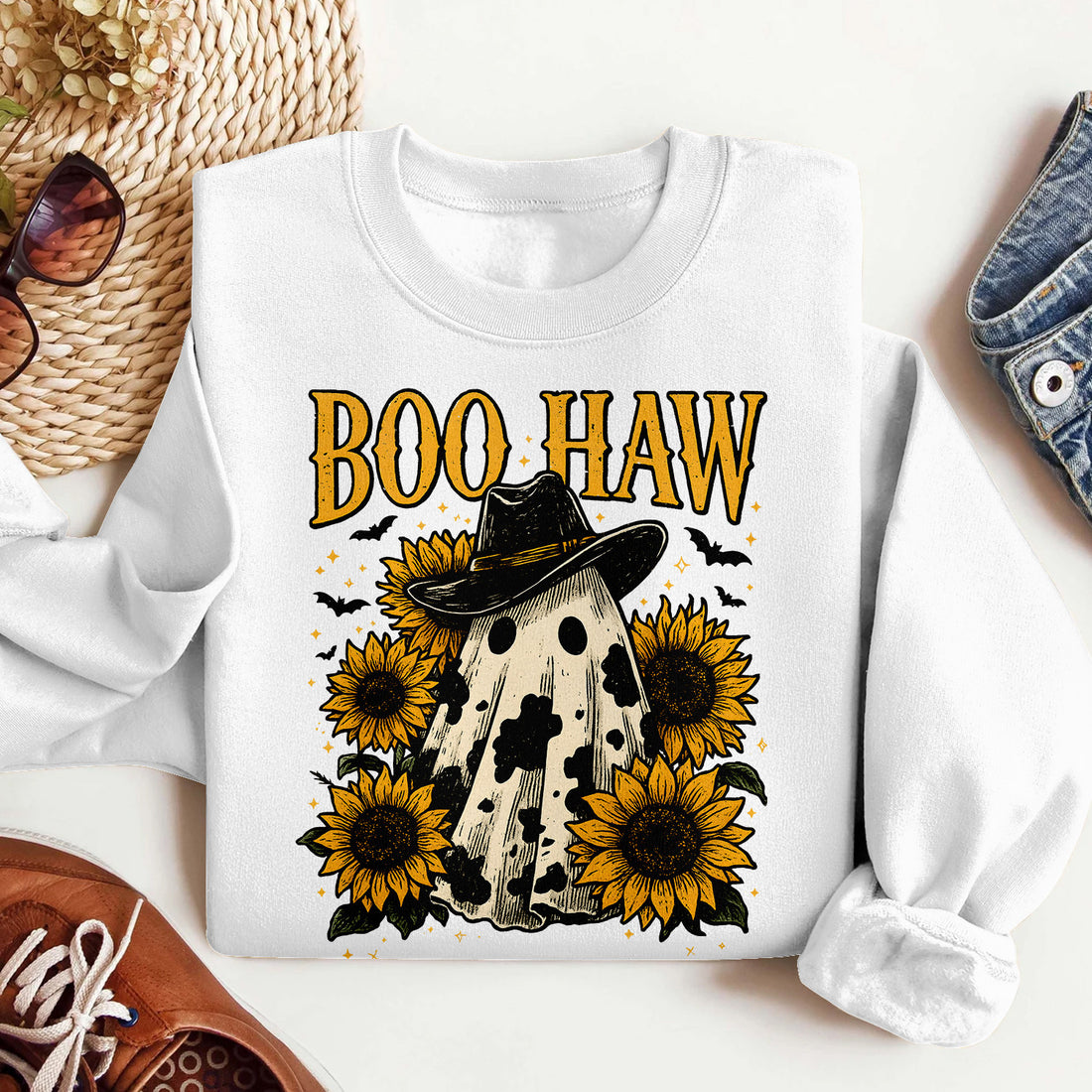 Bikergod Boo Haw Pumpkin Sweatshirt 2D Sizes S - 5XL Halloween Autumn Fall Shirt, Gift For Cowboy Cowgirl, Funny Thanksgiving Crewneck TLDH110