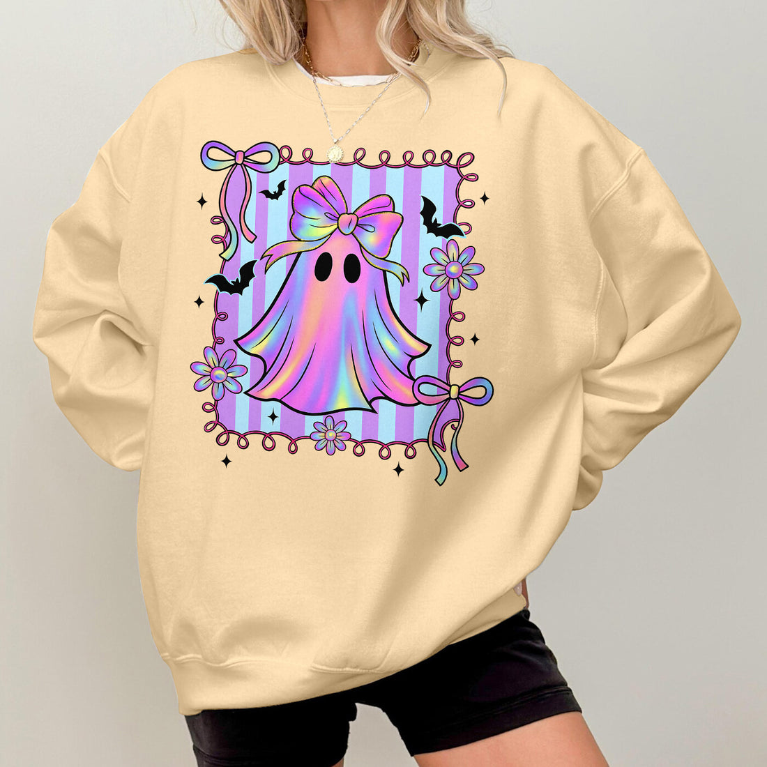 Bikergod Cute Ghost Girls Sweatshirt 2D Sizes S - 5XL Halloween Autumn Fall Shirt, Gift For Women, Funny Thanksgiving Crewneck TLDH112