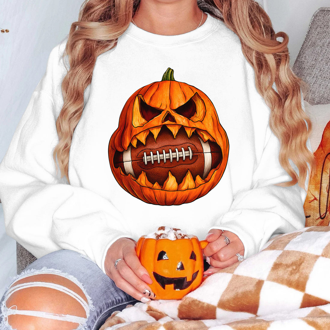 Bikergod Football Pumpkin Sweatshirt 2D Sizes S - 5XL Halloween Autumn Fall Shirt, Gift For Football Player, Funny Thanksgiving Crewneck TLDH113