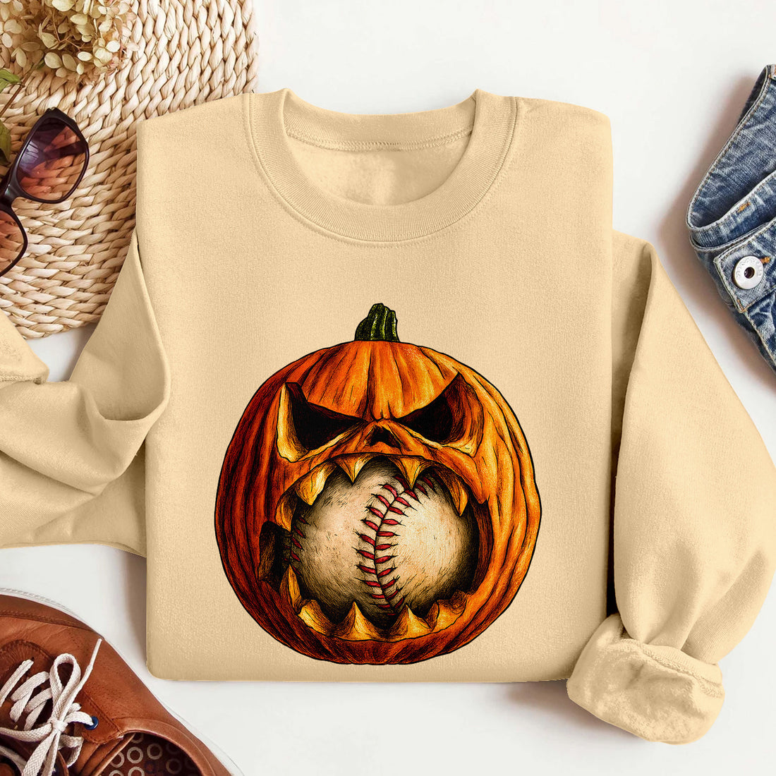 Bikergod Baseball Pumpkin Sweatshirt 2D Sizes S - 5XL Halloween Autumn Fall Shirt, Gift For Baseball Player, Funny Thanksgiving Crewneck TLDH105