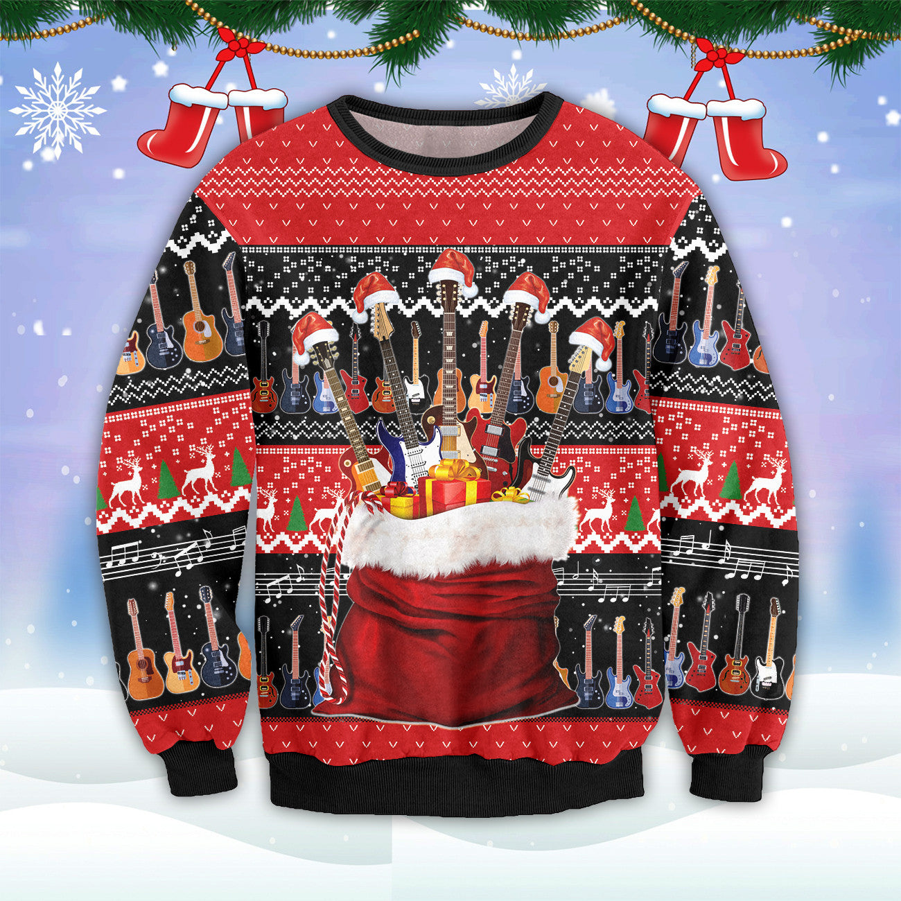 Bikergod Guitar Christmas Ugly Sweater Design 3D Full Printed Sizes S - 5XL -Gift For Guitar Lover - Guitar Xmas Sweater 3D TLDH127