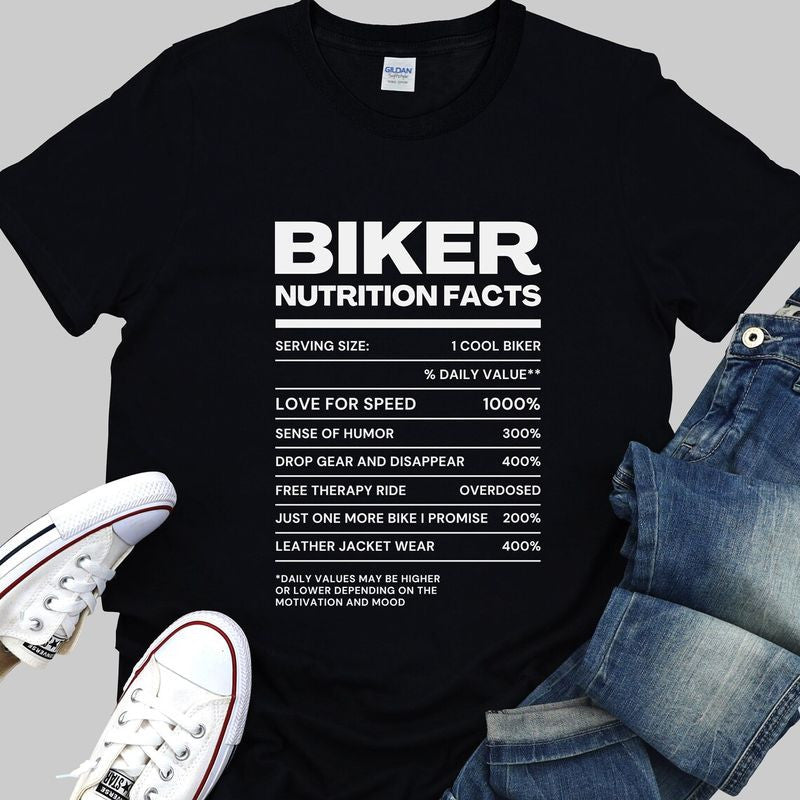 Bikergod Motorcycle Biker Nutrition Facts T-shirt, Crew-neck Sweatshirt, Hoodie, Tank Top, V-neck T-shirt Design 2D Full Printed Sizes S - 5XL - NABI319
