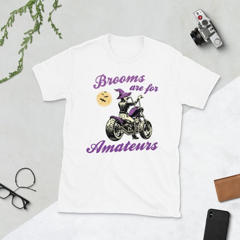 Bikergod Motorcycle Witch Halloween Brooms Are For Amateurs T-shirt, Crew-neck Sweatshirt, Hoodie, Tank Top, V-neck T-shirt Design 2D Full Printed Sizes S - 5XL - NABK209