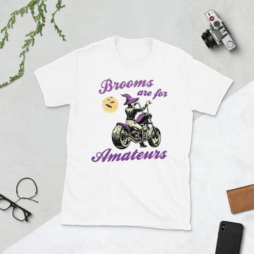 Bikergod Motorcycle Witch Halloween Brooms Are For Amateurs T-shirt, Crew-neck Sweatshirt, Hoodie, Tank Top, V-neck T-shirt Design 2D Full Printed Sizes S - 5XL - NABK209