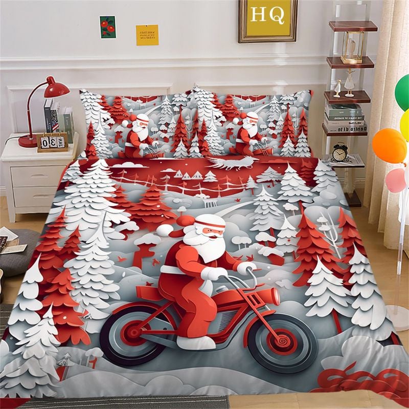 Bikergod Motorcycle Santa Claus Riding A Motorcycle Christmas Bedding Set Cover Design 3D - NABT386