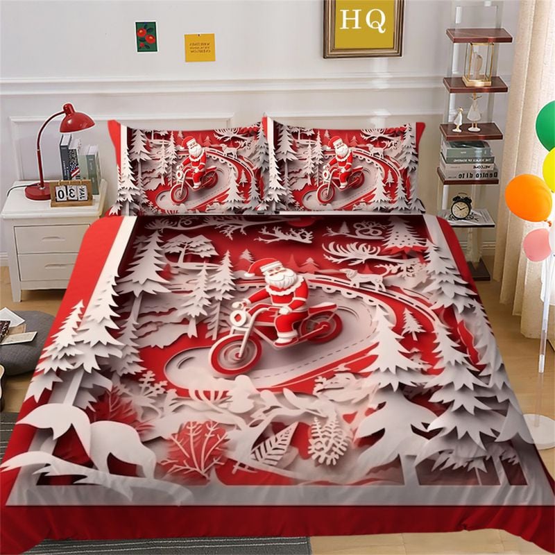 Bikergod Motorcycle Santa Claus Riding A Motorcycle Christmas Bedding Set Cover Design 3D - NABT391