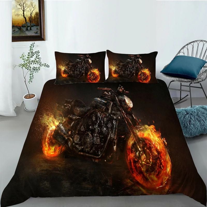 Bikergod Motorcycle Fire And Motorcycle Bedding Set Cover Design 3D - NABT361