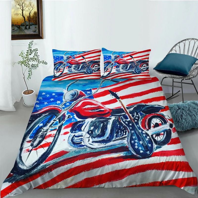 Bikergod Motorcycle American Flag Motorcycle And Guitar Bedding Set Cover Design 3D - NABT394
