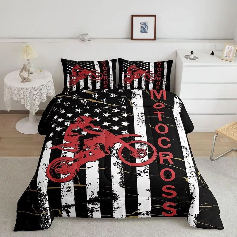 Bikergod Motorcycle American Flag Motocross Rider Bedding Set Cover Design 3D - NABT343