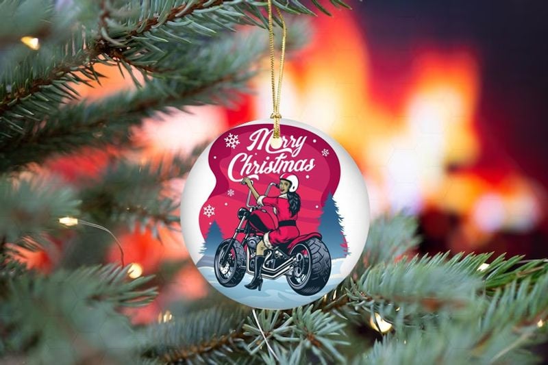 Bikergod Motorcycle Biker Girl Merry Christmas Ceramic Round Ornament NABW325