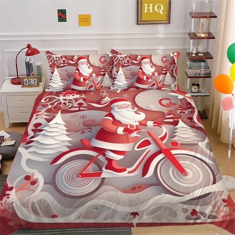 Bikergod Motorcycle Santa Claus Riding A Motorcycle Christmas Bedding Set Cover Design 3D - NABT385