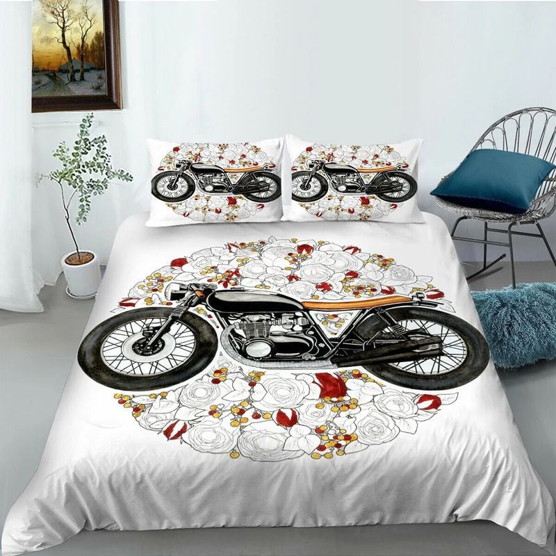 Bikergod Motorcycle And Flowers Bedding Set Cover Design 3D - NABT406