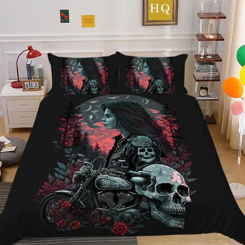 Bikergod Motorcycle Skeleton Motorcycle Girl Bedding Set Cover Design 3D - NABT399
