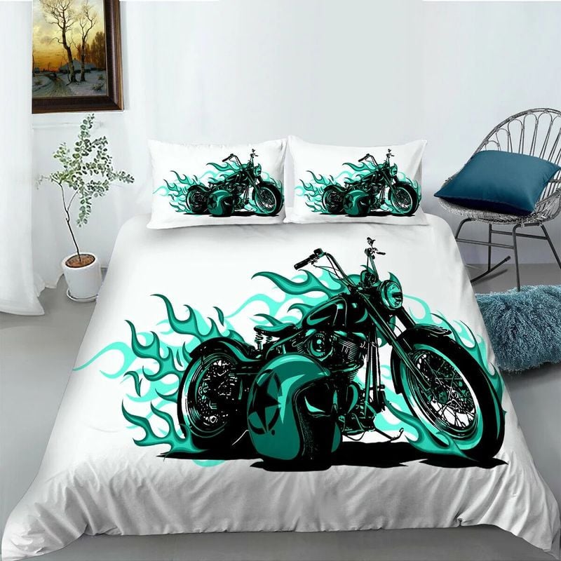 Bikergod Motorcycle Green Fire Motorcycle Bedding Set Cover Design 3D - NABT404