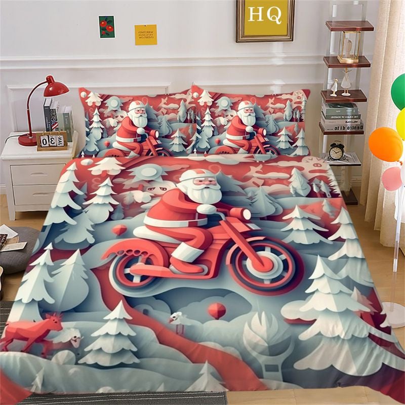 Bikergod Motorcycle Santa Claus Riding A Motorcycle Christmas Bedding Set Cover Design 3D - NABT382