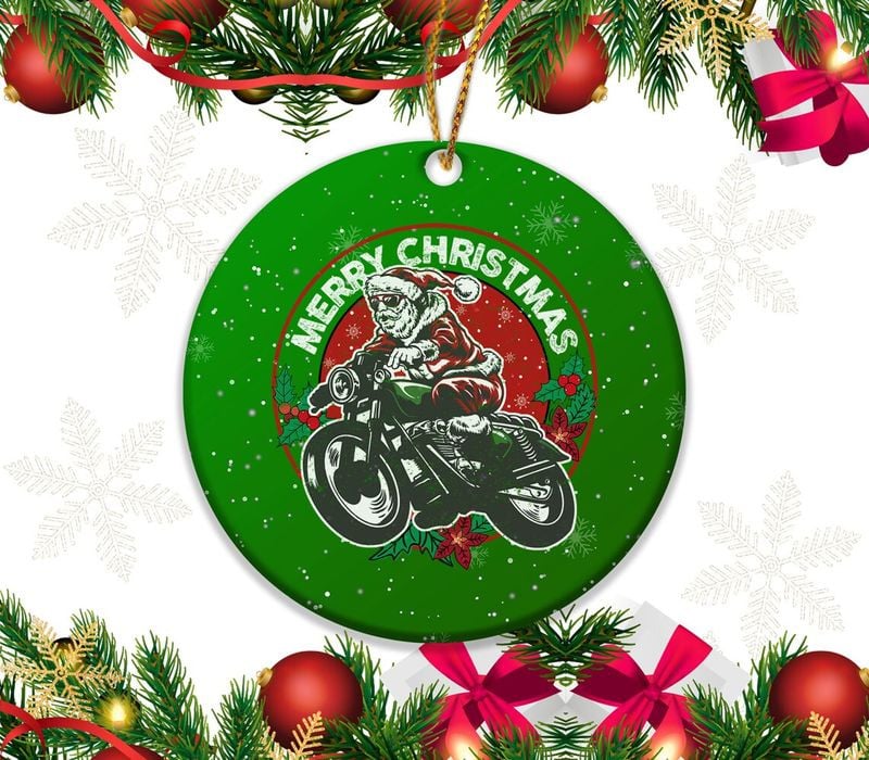 Bikergod Motorcycle Santa Claus Ride Motorcycle Merry Christmas Ceramic Round Ornament NABE210