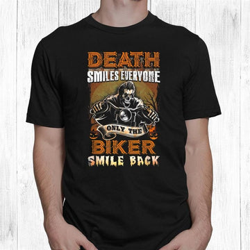 Bikergod Motorcycle Death Smiles Everyone T-shirt, Crew-neck Sweatshirt, Hoodie, Tank Top, V-neck T-shirt Design 2D Full Printed Sizes S - 5XL - NABY217