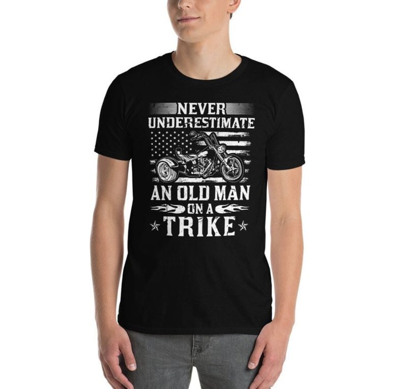 Bikergod Motorcycle Never Underestimate An Old Man On A Trike T-shirt, Crew-neck Sweatshirt, Hoodie, Tank Top, V-neck T-shirt Design 2D Full Printed Sizes S - 5XL - NABK217