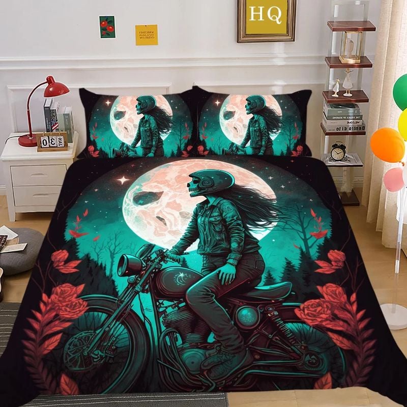Bikergod Motorcycle Floral Motorcycle Skull Girl Bedding Set Cover Design 3D - NABT409