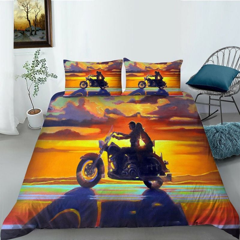 Bikergod Motorcycle Biker Couple Sunset Bedding Set Cover Design 3D - NABT363