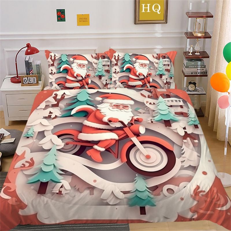Bikergod Motorcycle Santa Claus Riding A Motorcycle Christmas Bedding Set Cover Design 3D - NABT384