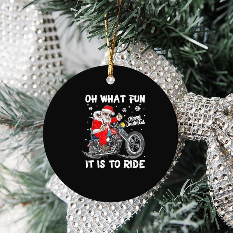Bikergod Motorcycle Santa Claus Ride Motorcycle What Fun It Is To Ride Merry Christmas Ceramic Round Ornament NABW331