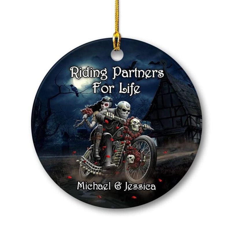 Bikergod Motorcycle Skull Couple Riding Partners For Life Custom Names Ceramic Round Ornament NABE214