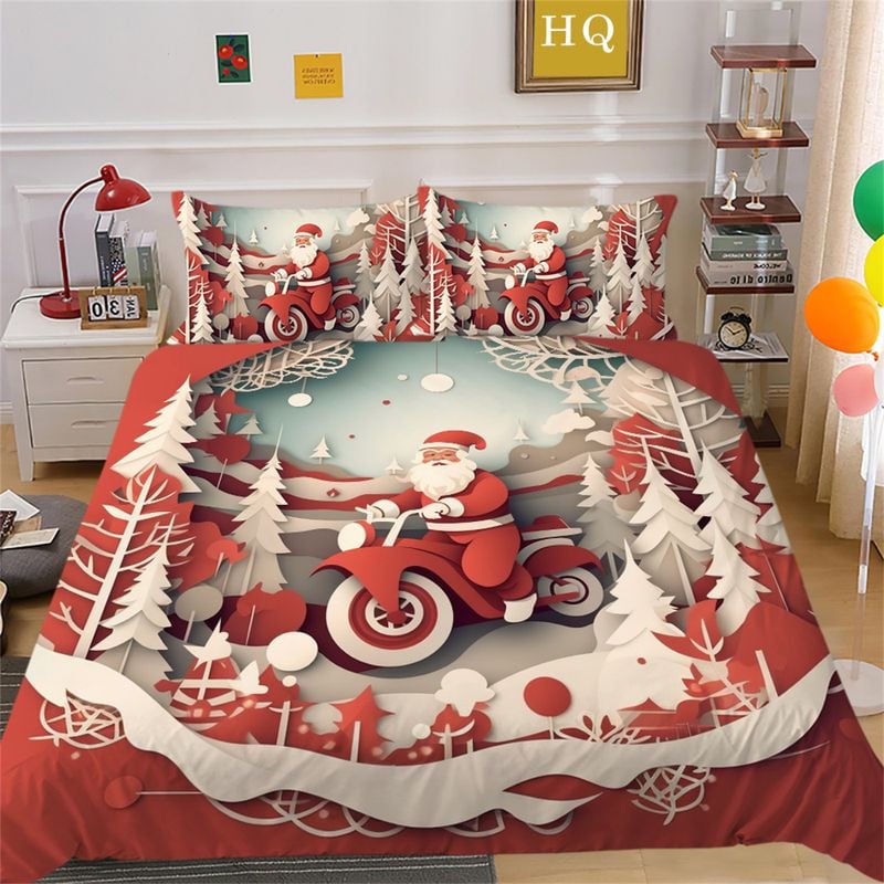 Bikergod Motorcycle Santa Claus Riding A Motorcycle Christmas Bedding Set Cover Design 3D - NABT379