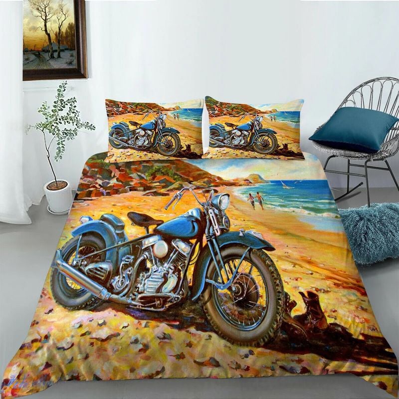 Bikergod Motorcycle On The Beach Bedding Set Cover Design 3D - NABT336