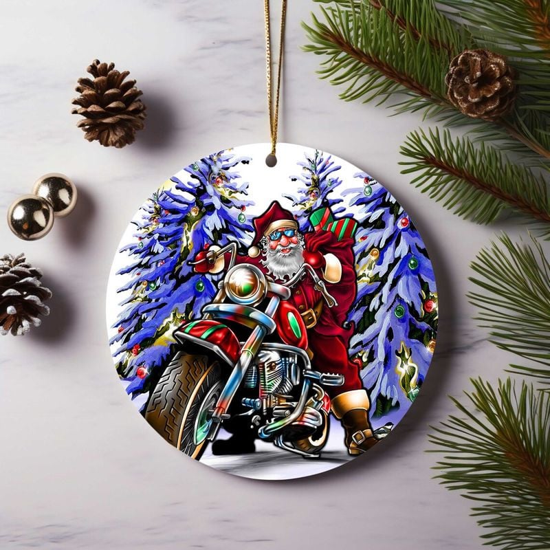 Bikergod Motorcycle Santa Claus Ride Motorcycle Merry Christmas Ceramic Round Ornament NABW332