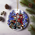 Bikergod Motorcycle Santa Claus Ride Motorcycle Merry Christmas Ceramic Round Ornament NABW332