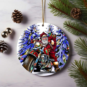 Bikergod Motorcycle Santa Claus Ride Motorcycle Merry Christmas Ceramic Round Ornament NABW332