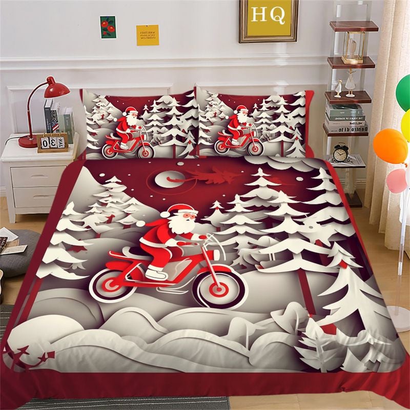 Bikergod Motorcycle Santa Claus Riding A Motorcycle Christmas Bedding Set Cover Design 3D - NABT381