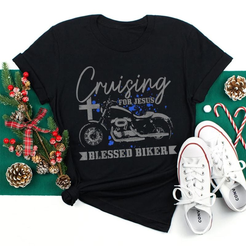 Bikergod Motorcycle Christian Biker Cruising For Jesus Blessed Biker T-shirt, Crew-neck Sweatshirt, Hoodie, Tank Top, V-neck T-shirt Design 2D Full Printed Sizes S - 5XL - NABY228