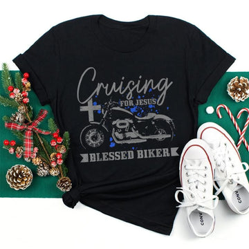 Bikergod Motorcycle Christian Biker Cruising For Jesus Blessed Biker T-shirt, Crew-neck Sweatshirt, Hoodie, Tank Top, V-neck T-shirt Design 2D Full Printed Sizes S - 5XL - NABY228