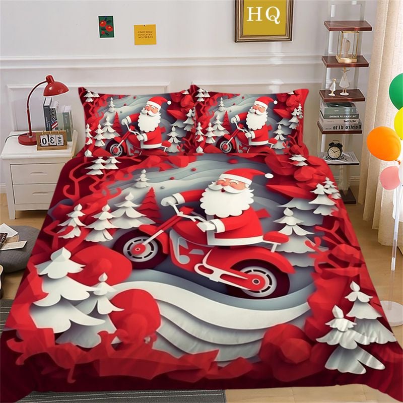 Bikergod Motorcycle Santa Claus Riding A Motorcycle Christmas Bedding Set Cover Design 3D - NABT390