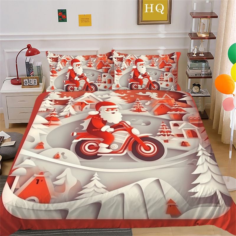 Bikergod Motorcycle Santa Claus Riding A Motorcycle Christmas Bedding Set Cover Design 3D - NABT380