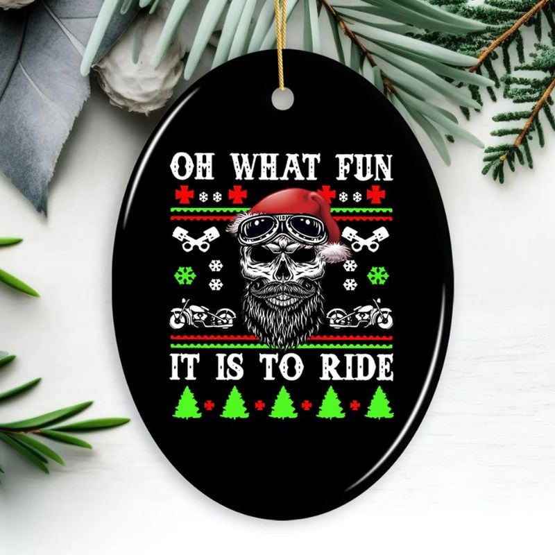 Bikergod Motorcycle Biker Skull Santa Oh What It Is To Ride Christmas Ceramics Oval Ornament NABW303