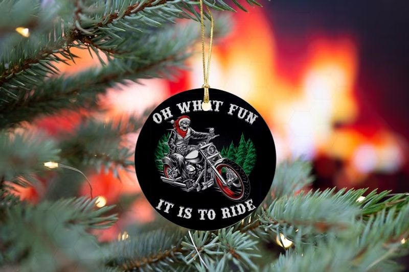 Bikergod Motorcycle Skeleton Ride Motorcycle What Fun It Is To Ride Merry Christmas Ceramic Round Ornament NABW329