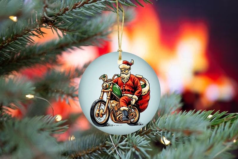 Bikergod Motorcycle Santa Claus Ride Motorcycle Merry Christmas Ceramic Round Ornament NABW327