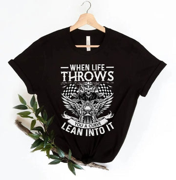 Bikergod Motorcycle When Life Throws You A Curve Lean Into It T-shirt, Crew-neck Sweatshirt, Hoodie, Tank Top, V-neck T-shirt Design 2D Full Printed Sizes S - 5XL - NABK182