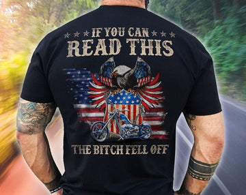 Bikergod Motorcycle USA Flag If You Can Read This the Bitch Fell Off  T-shirt, Crew-neck Sweatshirt, Hoodie, Tank Top, V-neck T-shirt Design 2D Full Printed Sizes S - 5XL - NABS407