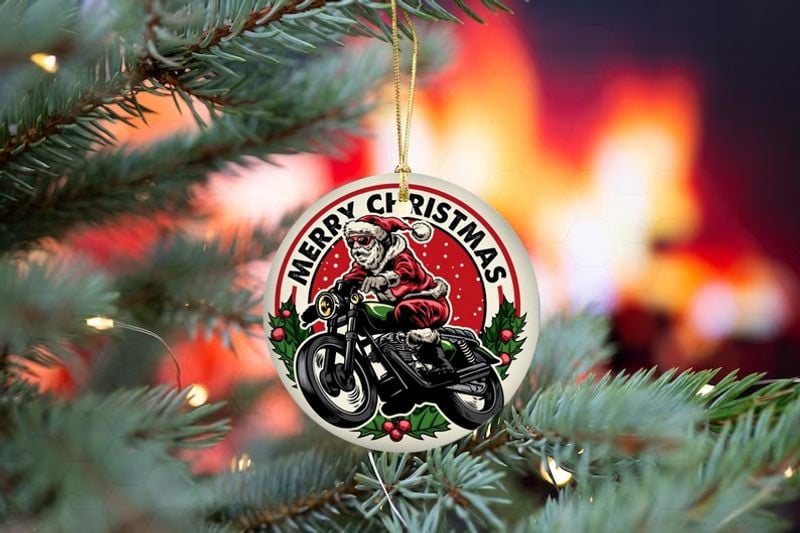 Bikergod Motorcycle Santa Claus Ride Motorcycle Merry Christmas Ceramic Round Ornament NABW326