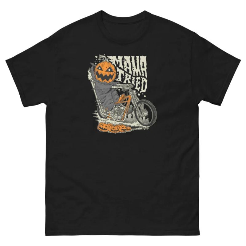 Bikergod Motorcycle MAMA TRIED Halloween T-shirt, Crew-neck Sweatshirt, Hoodie, Tank Top, V-neck T-shirt Design 2D Full Printed Sizes S - 5XL - NABD254