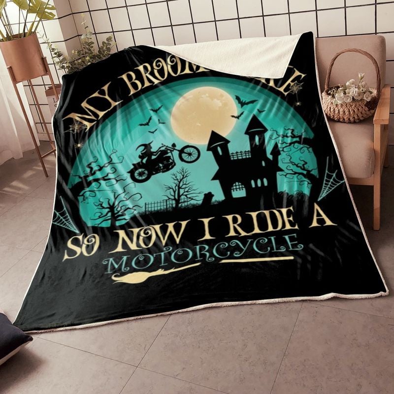 Bikergod Motorcycle My Broom Broke So Now I Ride A Motorcycle Halloween Blanket NABD393