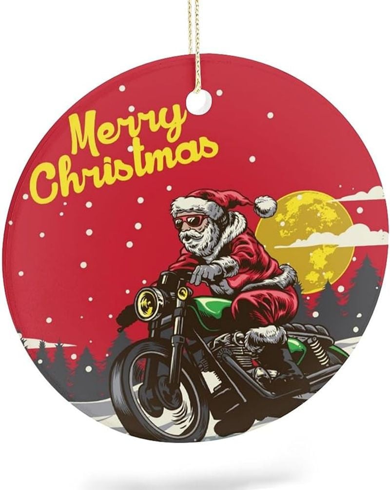 Bikergod Motorcycle Santa Claus Ride Motorcycle Merry Christmas Ceramics Round Ornament NABW300